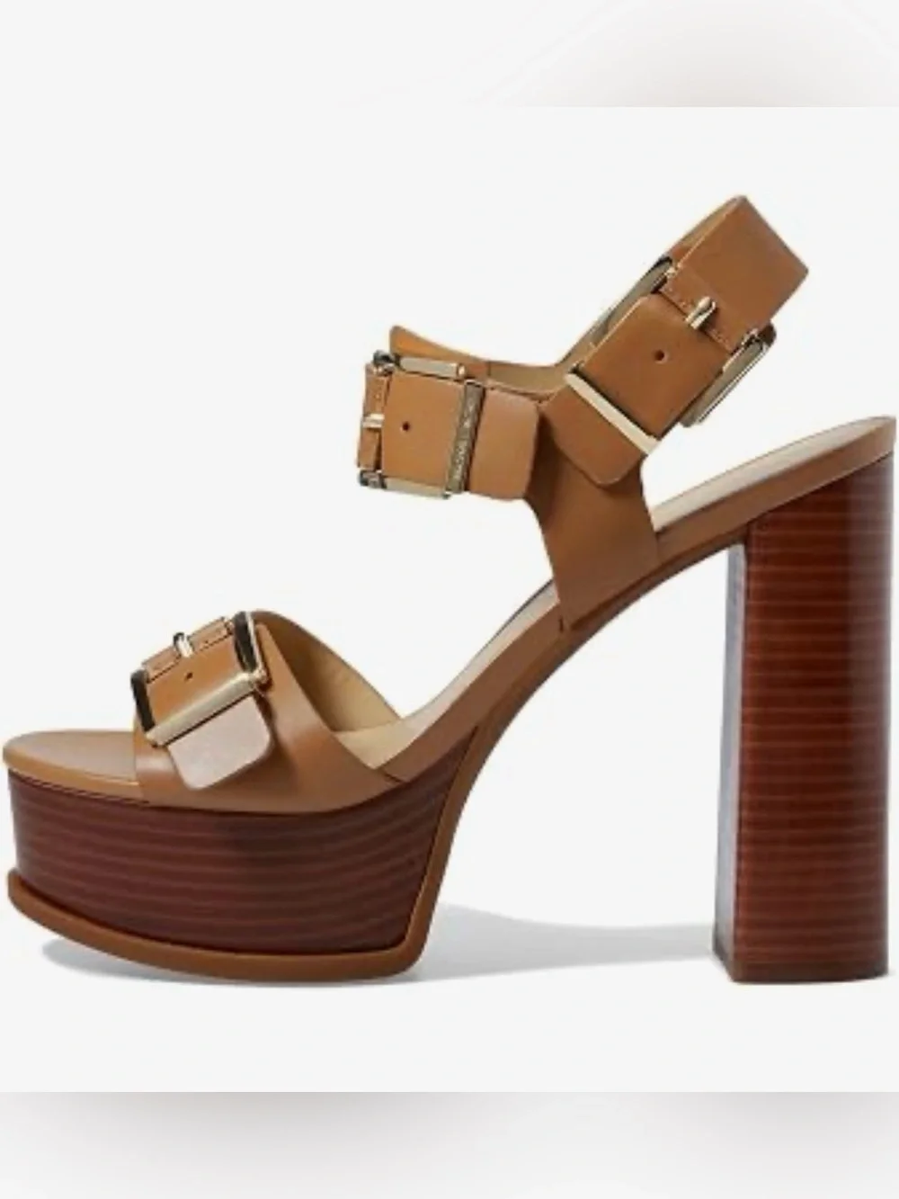 MICHAEL Michael Kors Tan Colby  Platform Block Heel Sandals with Gold Buckles